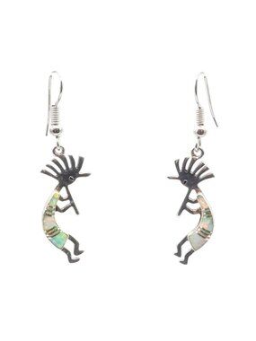 Vintage Native American Kokopelli Opal Inlay Dangle Earrings Sterling Silver
